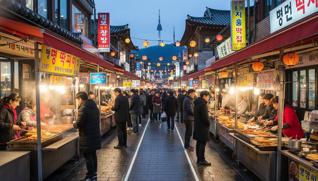 서울 근교로 확장 나들이 관련 이미지 - 해 질 녘, 서울 남산타워가 보이는 한국 전통시장의 활기찬 풍경. 다양한 길거리 음식과 사람들로 북적이는 모습이 인상적이다.