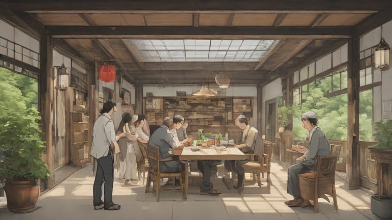 역사·전통 분위기 나들이 관련 이미지 - 전통적인 목조 건물 실내에서 여러 사람이 모여 대화하거나 활동하는 모습입니다. 창밖의 푸른 자연이 평화로운 분위기를 더합니다.