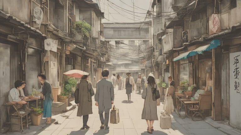 1. 묵호·해안가 (도시 감성 + 맛집) 관련 이미지 - 낡은 건물과 전선이 복잡하게 얽힌 아시아의 오래된 시장 골목 풍경입니다. 사람들이 오가며 활기찬 일상을 보내는 모습이 정겹습니다.