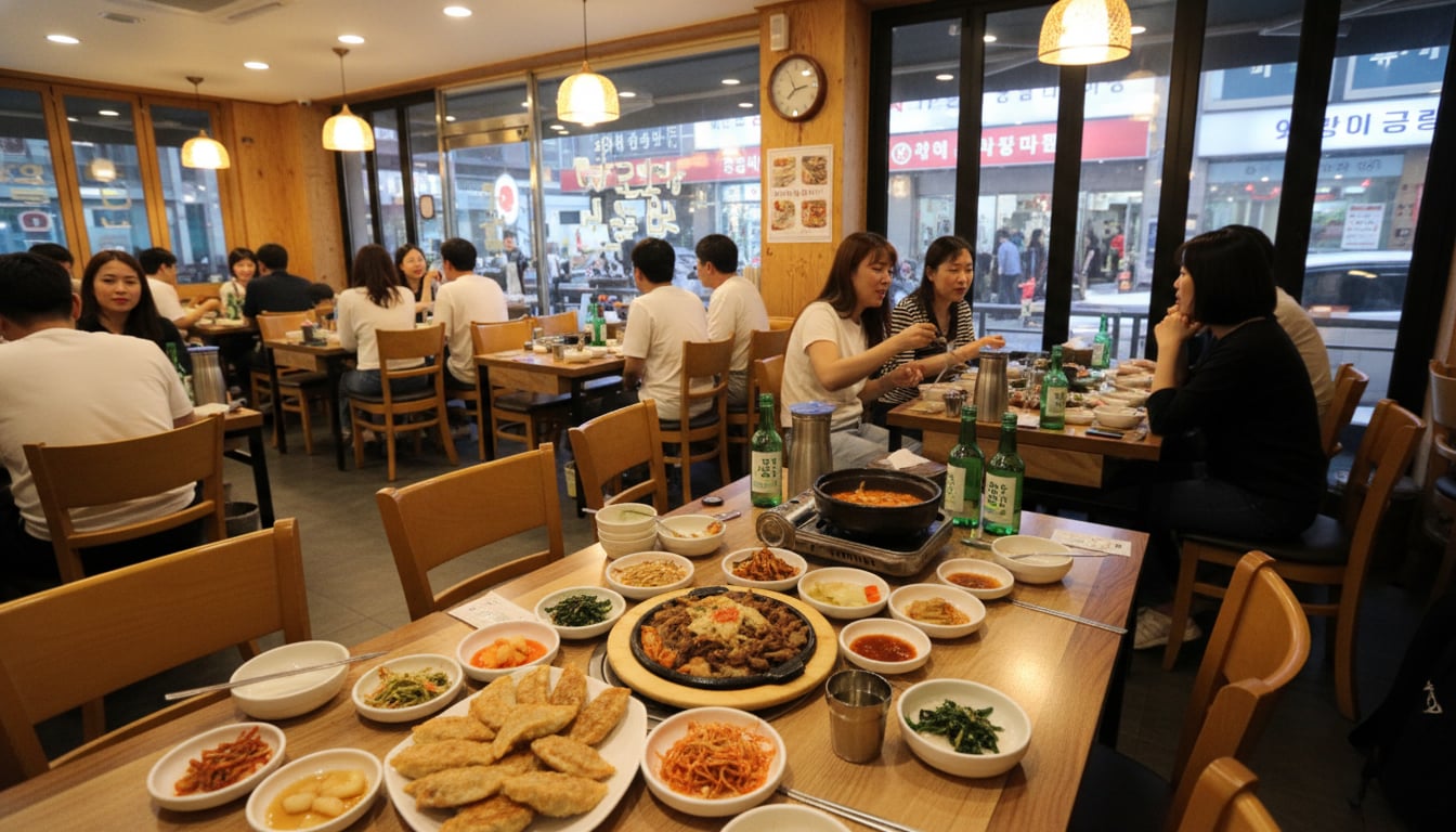 통일된 디자인의 포장재를 쓰는 이유 관련 이미지 - 여러 사람이 모여 다양한 한식 요리와 소주를 즐기는 식당 풍경입니다. 메인 요리와 함께 푸짐한 밑반찬이 차려져 있습니다.