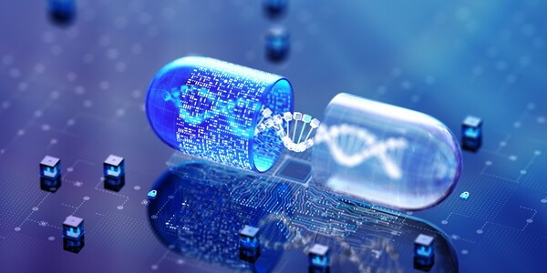 약물 상호작용, 왜 위험할까? 관련 이미지 - 디지털 기술과 유전자 정보가 결합된 캡슐 이미지는 첨단 바이오 기술과 맞춤형 의학의 미래를 시사합니다.