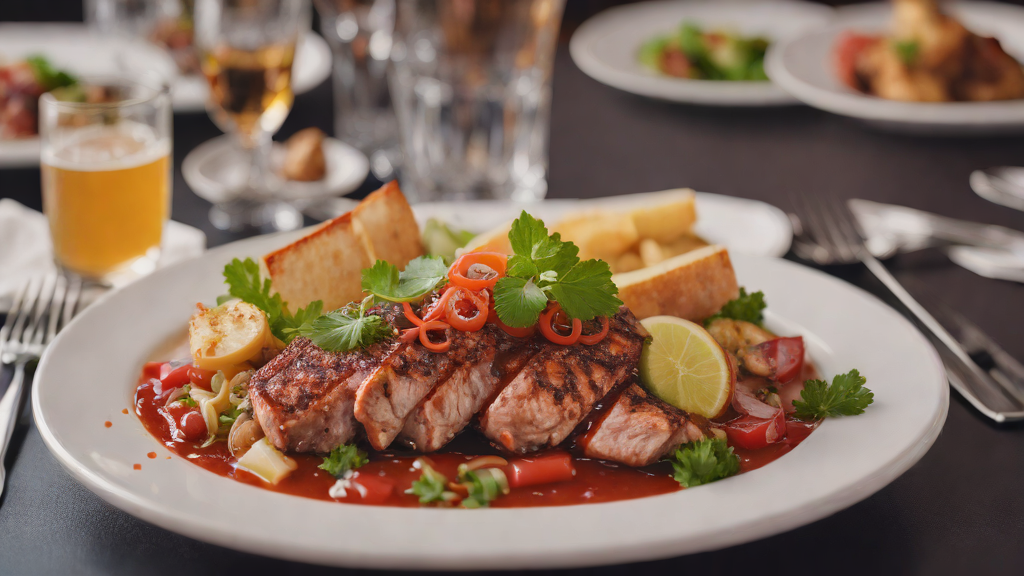 맛 평가 관련 이미지 - 매콤한 소스를 곁들인 그릴 생선 스테이크와 신선한 채소, 빵이 어우러진 요리입니다. 레스토랑에서 즐기기 좋은 메인 메뉴입니다.