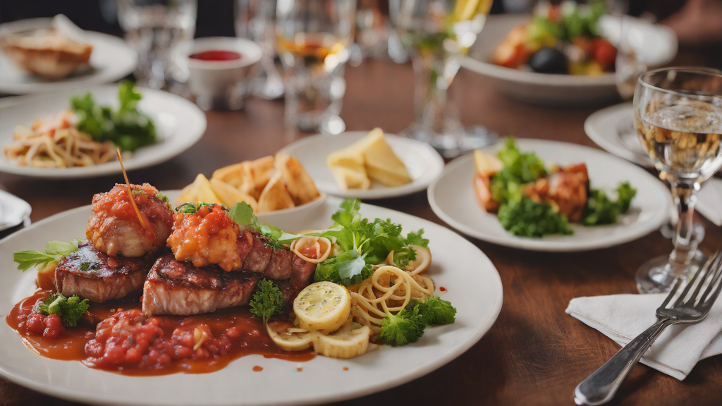 도입 관련 이미지 - 그릴에 구운 스테이크와 토마토 소스를 곁들인 메인 요리입니다. 파스타, 레몬, 브로콜리 등 다양한 가니쉬가 함께 제공됩니다.