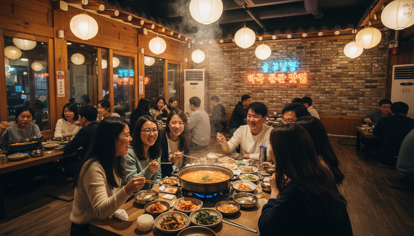 메뉴별로 보는 종로 가족 식사 맛집 추천 관련 이미지 - 친구들이나 가족이 모여 한국 전통 식당에서 따뜻한 전골과 다양한 반찬을 즐기며 행복한 시간을 보내는 모습입니다. 활기찬 분위기 속에서 맛있는 음식을 나누는 정겨운 풍경입니다.