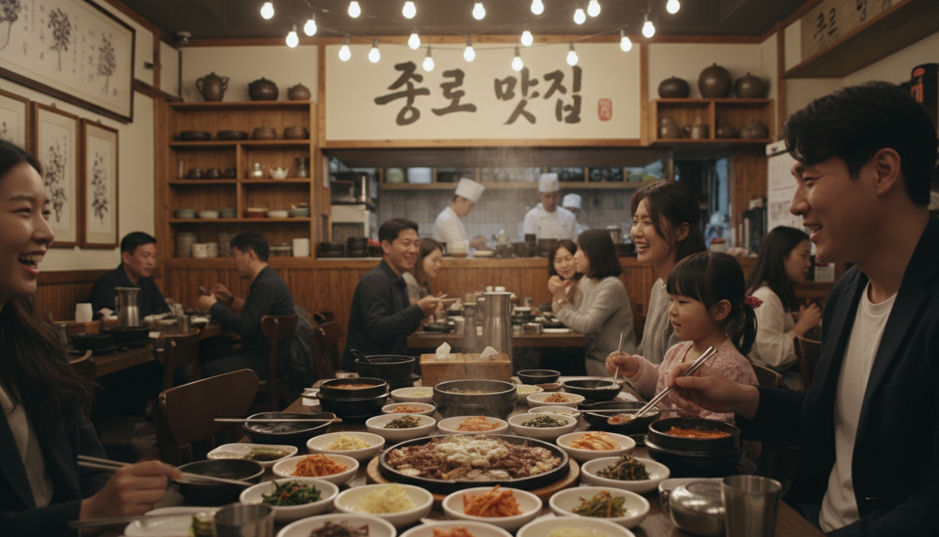 현지인 추천 서귀포 아침 식사 맛집: 운정이네 관련 이미지 - 한 가족이 전통 한식당에서 다양한 반찬과 메인 요리를 즐기며 행복한 시간을 보내고 있습니다. 따뜻하고 정겨운 분위기 속에서 식사하는 모습입니다.