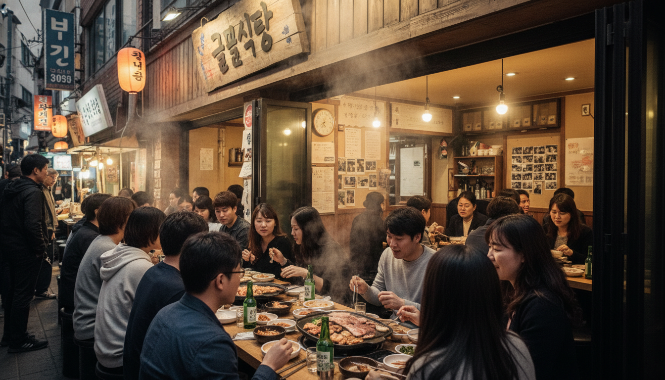 메뉴별로 보는 종로 가족 식사 맛집 추천 관련 이미지 - 많은 사람들이 모여 한국식 고기를 구워 먹으며 즐거운 시간을 보내는 활기찬 식당 풍경입니다. 연기가 피어오르는 가운데 정겨운 대화가 오가는 모습이 인상적입니다.
