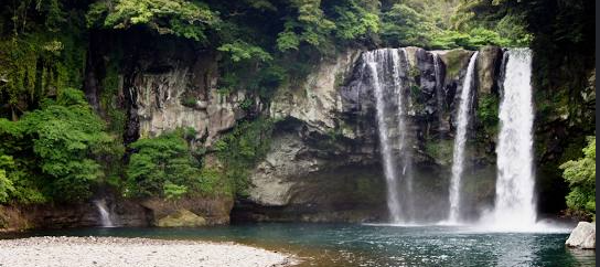 3. 제주 시내 및 공항 근처 관련 이미지 - 울창한 숲과 기암괴석 사이로 여러 줄기의 물줄기가 시원하게 쏟아져 내리는 아름다운 폭포 풍경입니다. 맑고 푸른 물이 고인 연못과 자갈밭이 어우러져 평화로운 자연의 모습을 보여줍니다.