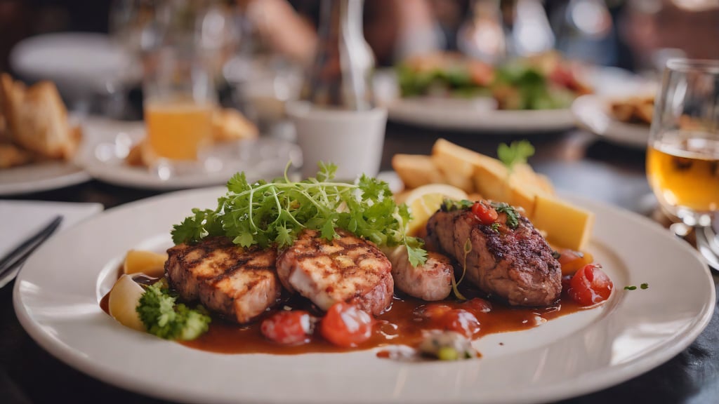 추천할 만한 맛집들 관련 이미지 - 레스토랑에서 제공되는 그릴에 구운 고기 요리로, 풍부한 소스와 신선한 채소가 곁들여져 있습니다. 고급스러운 분위기에서 즐기는 식사입니다.