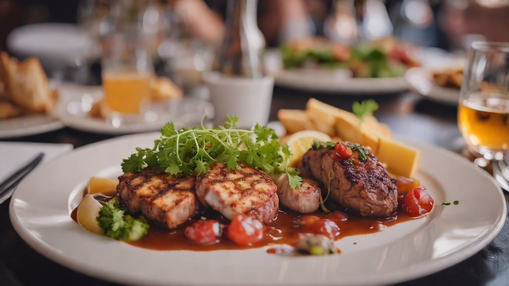 현지인 추천 서귀포 아침 식사 맛집: 운정이네 관련 이미지 - 레스토랑에서 제공되는 그릴에 구운 고기 요리로, 풍부한 소스와 신선한 채소가 곁들여져 있습니다. 고급스러운 분위기에서 즐기는 식사입니다.