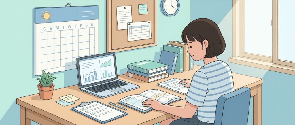 여름방학 동안 대입 전략을 계획하는 고등학생의 책상과 학습 플래너를 담은 일러스트