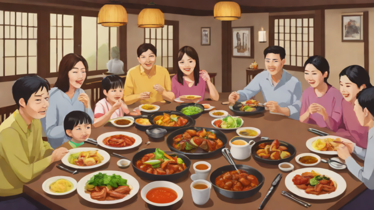 전통 한식당에서 식사하는 가족