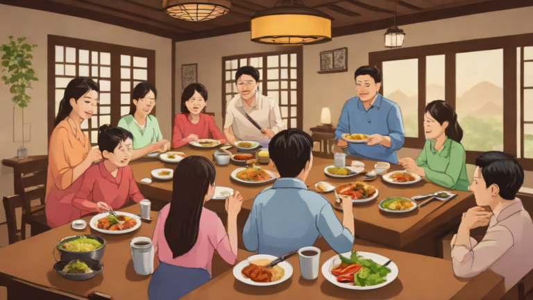 전통 한식당에서 가족이 식사하는 모습