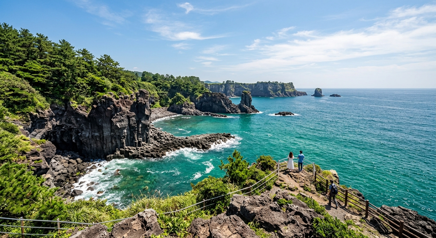 에메랄드 빛 바다와 화산 절벽이 어우러진 제주 서귀포의 아름다운 해안 풍경